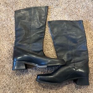 Markon Shelly Black Leather Mid-Calf Boots Block Heel Size 8.5